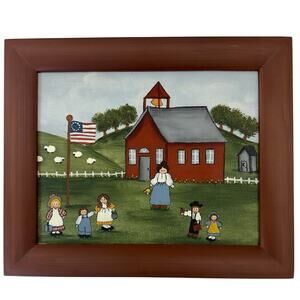 Vintage 90s Hand Painted Schoolhouse Farm Folk Art Framed Canvas Picture